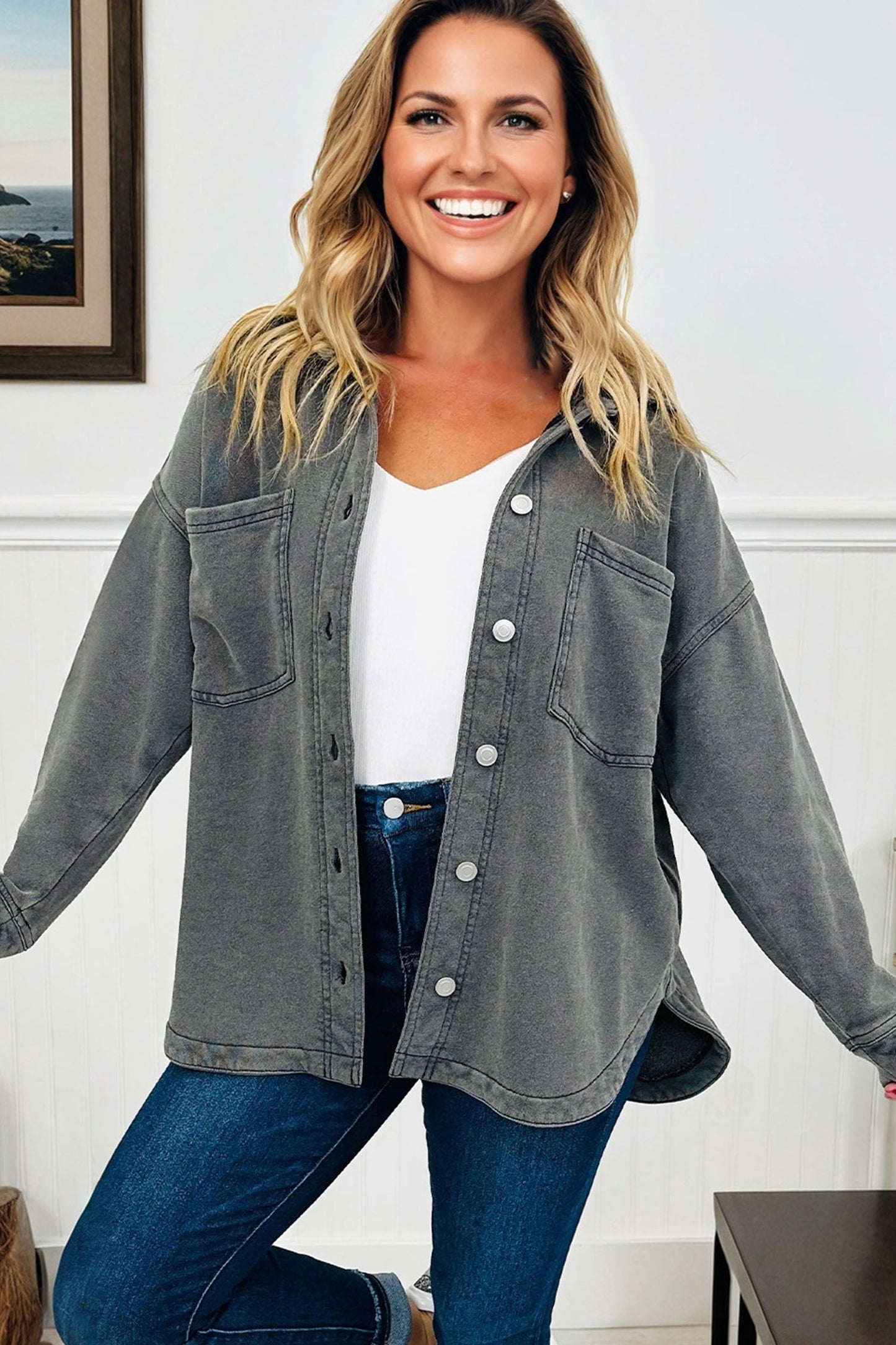 Medium Grey Mineral Wash Chest Pockets Drop Shoulder Shacket with Side Slit-Outerwear/Jackets-[Adult]-[Female]-2022 Online Blue Zone Planet