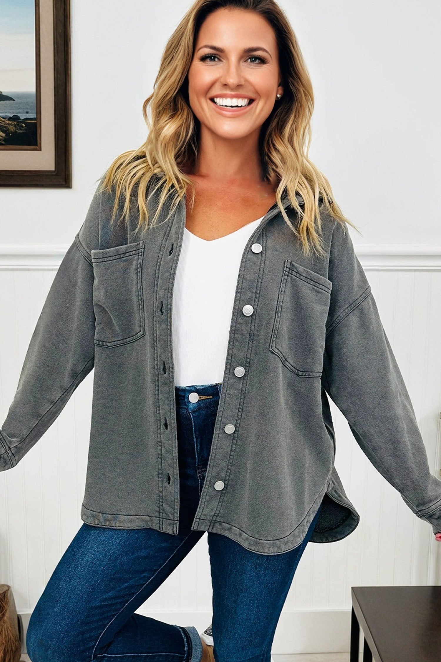 Medium Grey Mineral Wash Chest Pockets Drop Shoulder Shacket with Side Slit-Outerwear/Jackets-[Adult]-[Female]-2022 Online Blue Zone Planet