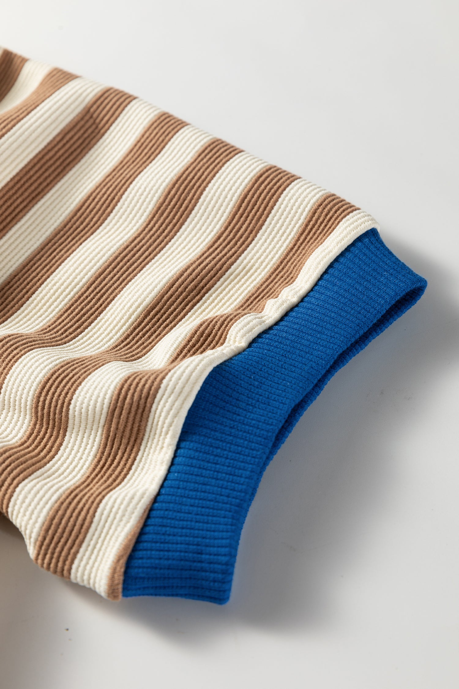 Brown Stripe Short Puff Sleeve Contrast Trim Round Neck Tee-Tops/Tops & Tees-[Adult]-[Female]-2022 Online Blue Zone Planet