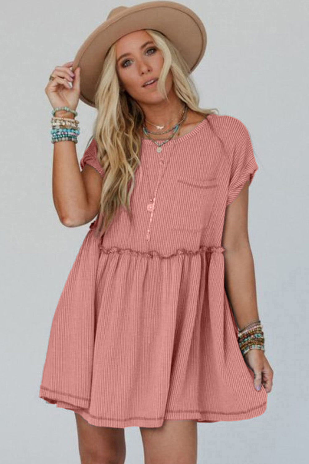Dusty Pink Corded Knit Textured Patched Pocket Frilled Swing Mini Dress with Pockets-TOPS / DRESSES-[Adult]-[Female]-2022 Online Blue Zone Planet