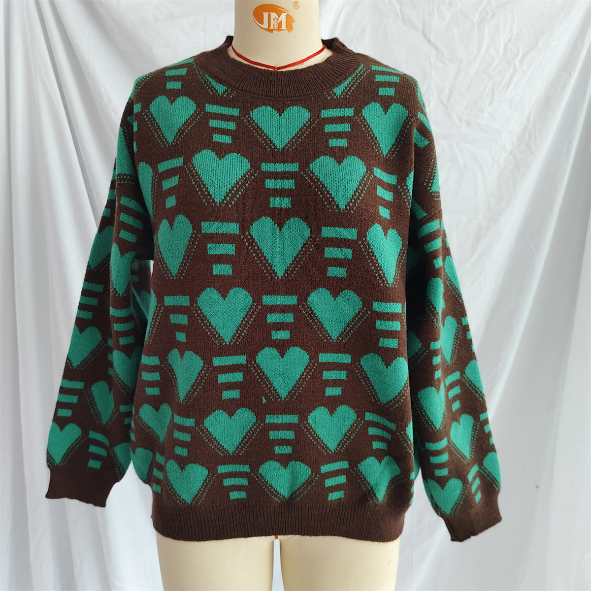 Heart Contrast Long Sleeve Dropped Shoulder Sweater-TOPS / DRESSES-[Adult]-[Female]-2022 Online Blue Zone Planet