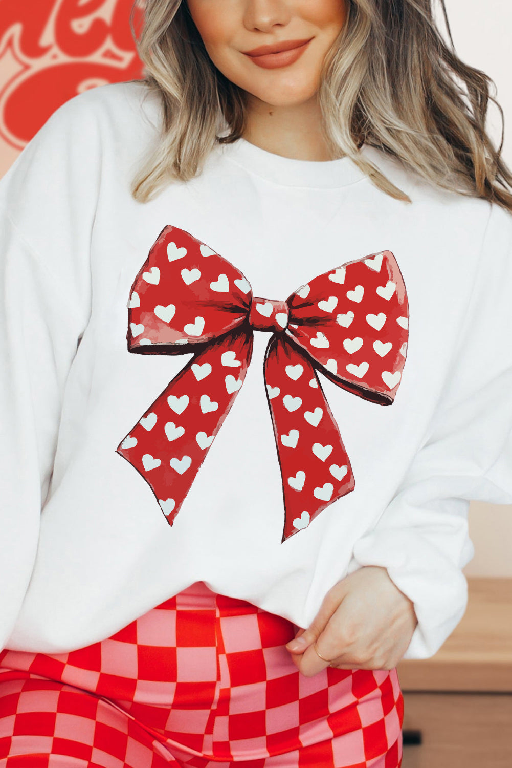 White Heart Bow Printed Round Neck Valentines Pullover Sweatshirt-Graphic Sweatshirts-[Adult]-[Female]-2022 Online Blue Zone Planet