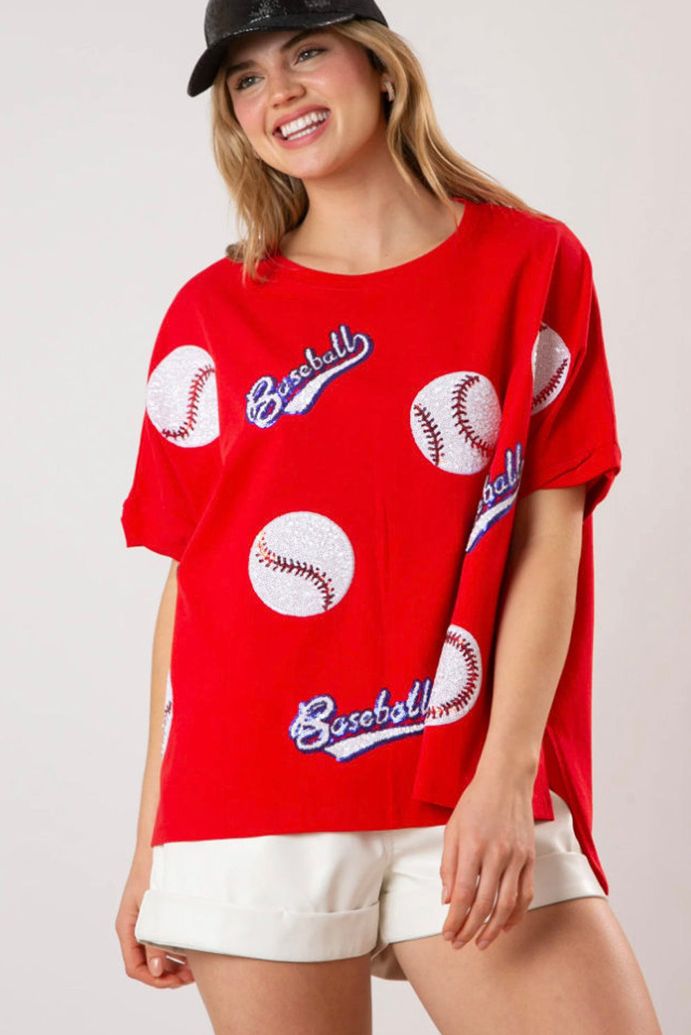 Blue Zone Planet | Fiery Red Sequin Baseball Loose Fit Tee-T Shirts-[Adult]-[Female]-2022 Online Blue Zone Planet