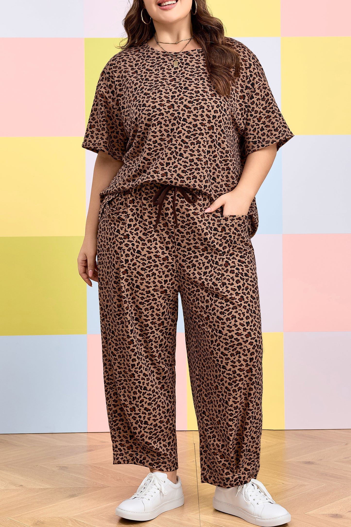 Brown Plus Size Leopard Loose Top Pleated Pants Set-Plus Size/Plus Size Loungewear-[Adult]-[Female]-2022 Online Blue Zone Planet