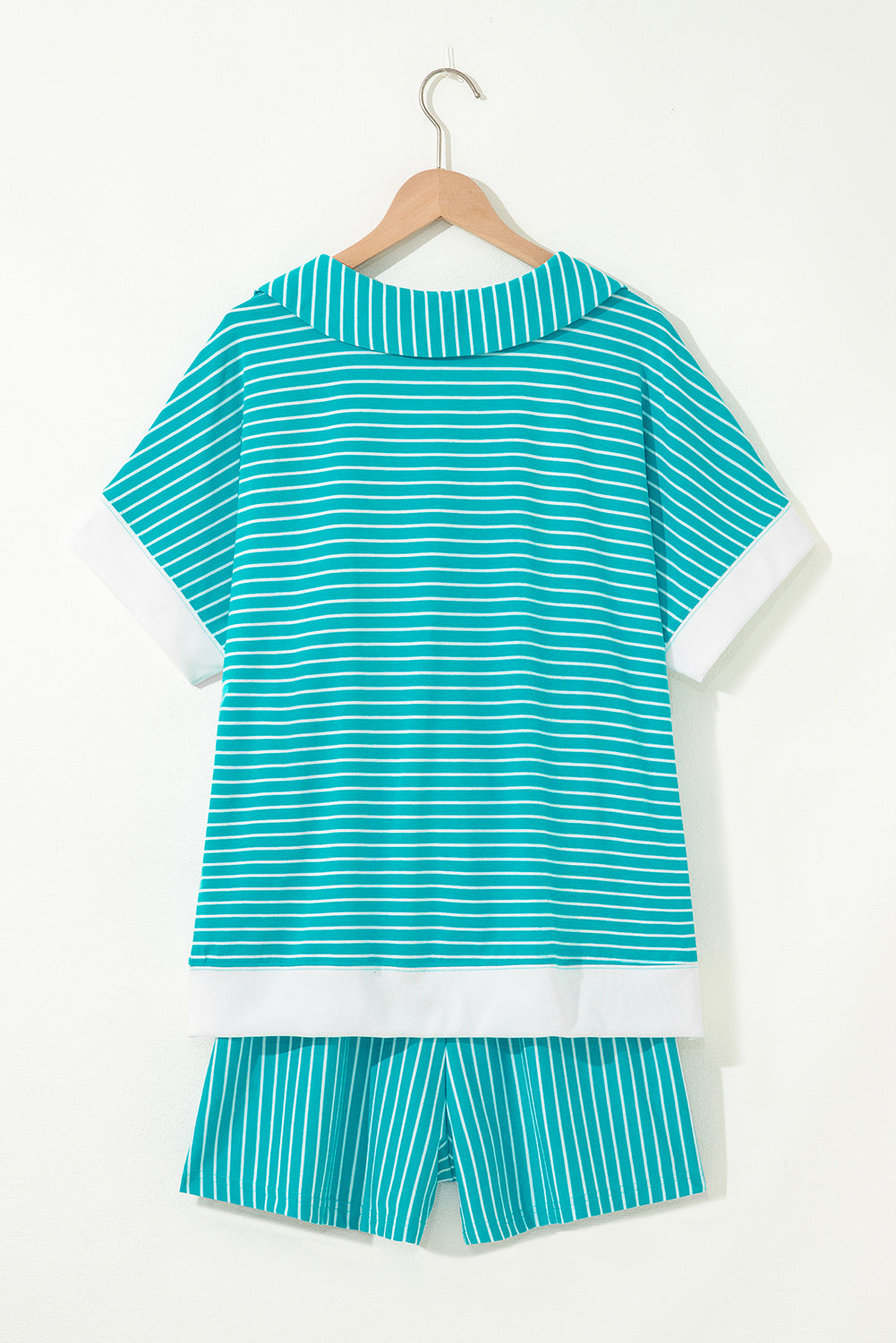 Sky Blue Stripe V Neck Tee and Casual Short Set-Two Piece Sets/Short Sets-[Adult]-[Female]-2022 Online Blue Zone Planet