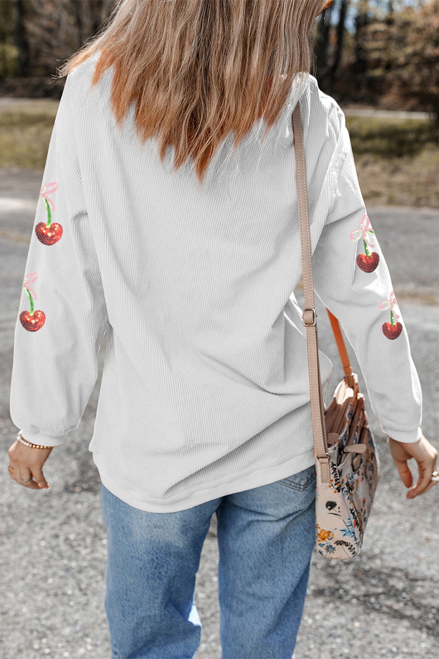 White Corded Ribbed Sequin Cherry Bow Patched Drop Shoulder Sweatshirt-Graphic/Graphic Sweatshirts-[Adult]-[Female]-2022 Online Blue Zone Planet