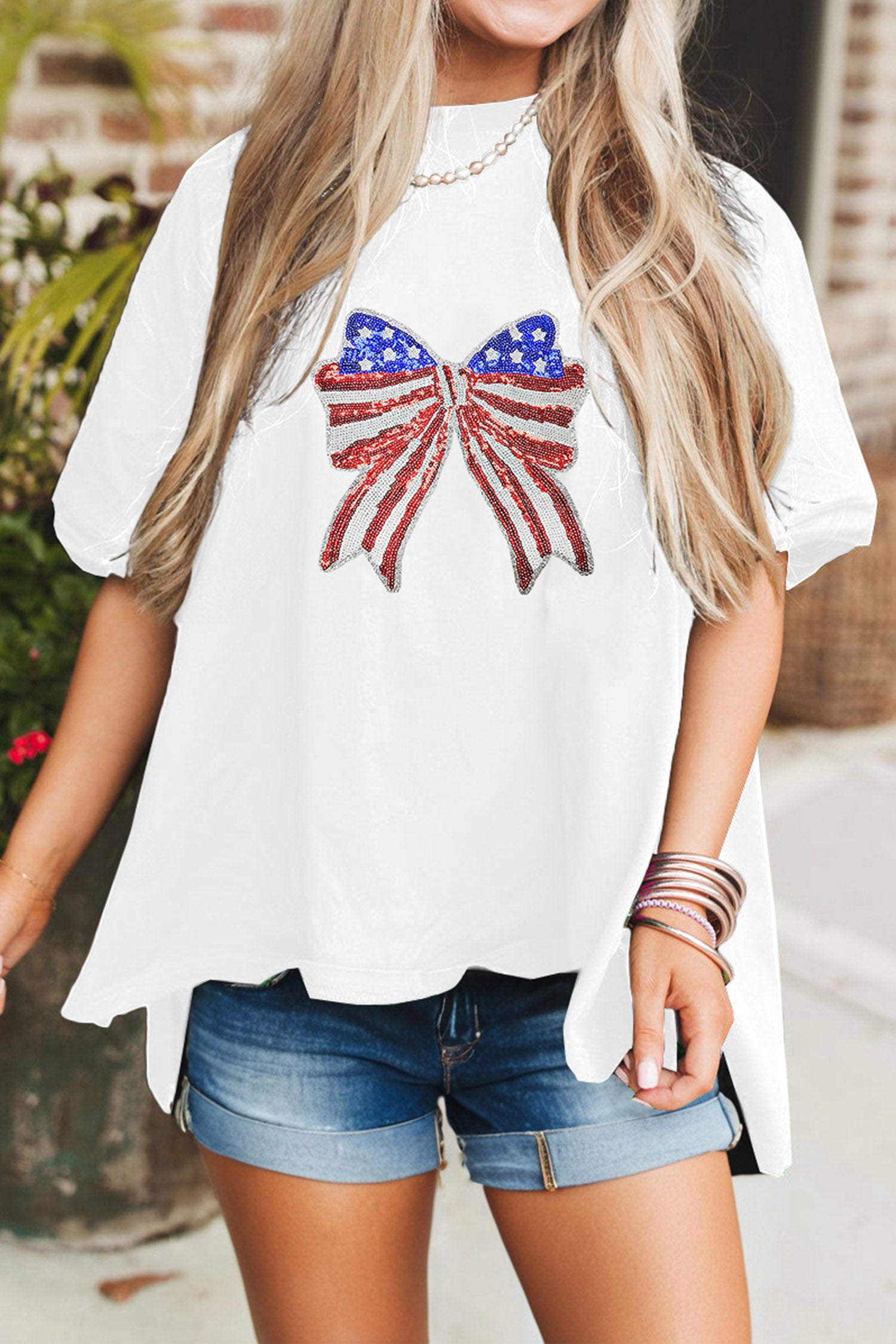 White Patriotic Sequin Bow Graphic Oversized Tee-Graphic/Graphic Tees-[Adult]-[Female]-2022 Online Blue Zone Planet