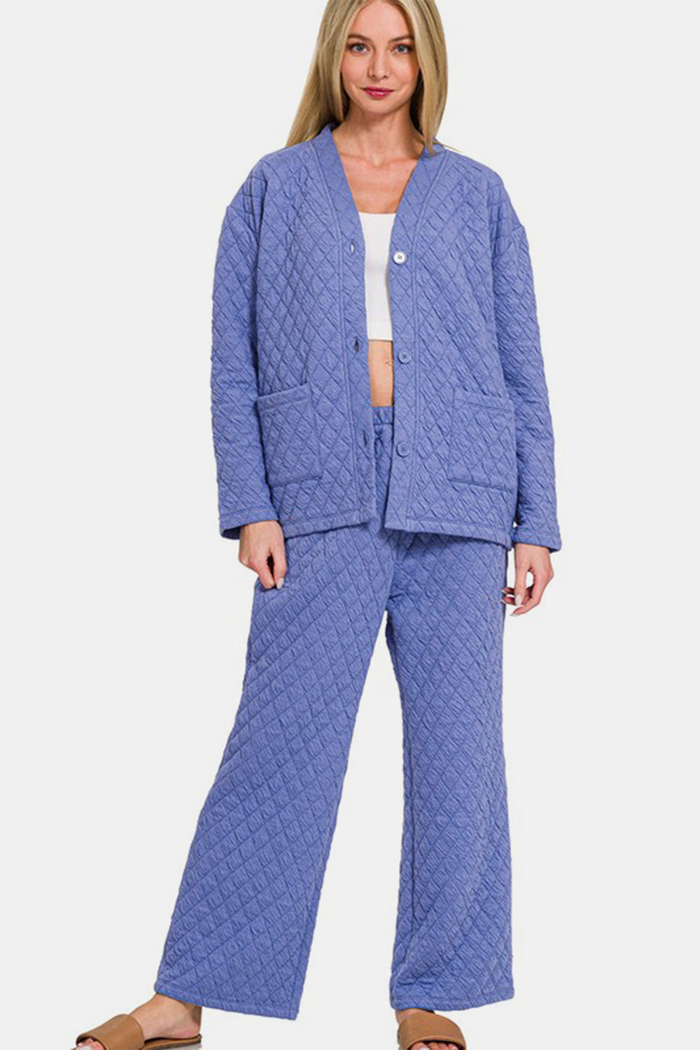 Zenana Quilted Button Up Long Sleeve Top and Pants Lounge Set-TOPS / DRESSES-[Adult]-[Female]-Blue Purple-S-2022 Online Blue Zone Planet