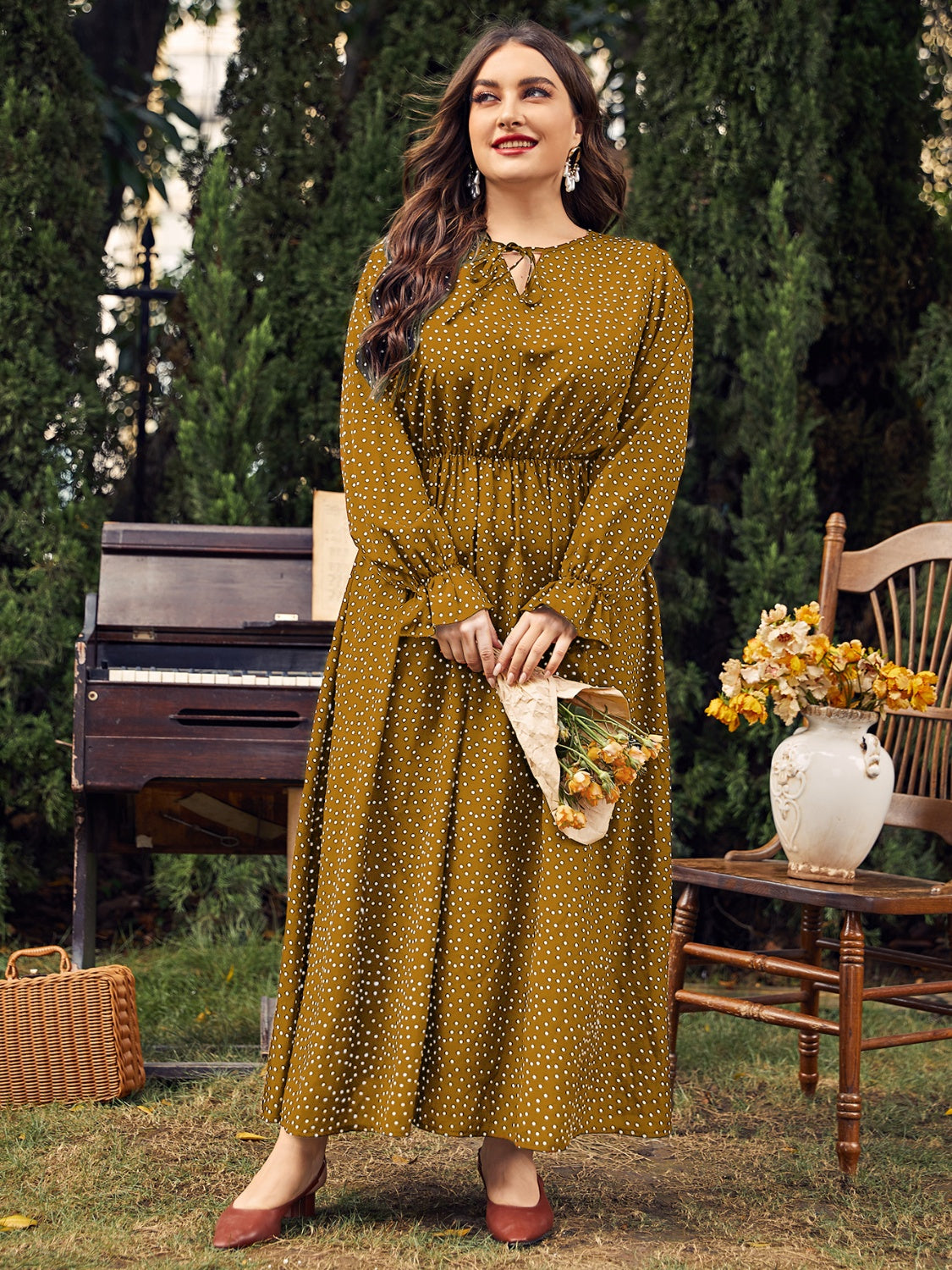 Plus Size Ruffled Polka Dot Long Sleeve Midi Dress-TOPS / DRESSES-[Adult]-[Female]-Olive-0XL-2022 Online Blue Zone Planet