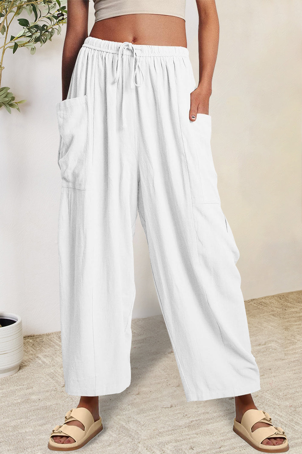 Full Size Pocketed Drawstring Wide Leg Pants-BOTTOMS SIZES SMALL MEDIUM LARGE-[Adult]-[Female]-White-S-2022 Online Blue Zone Planet