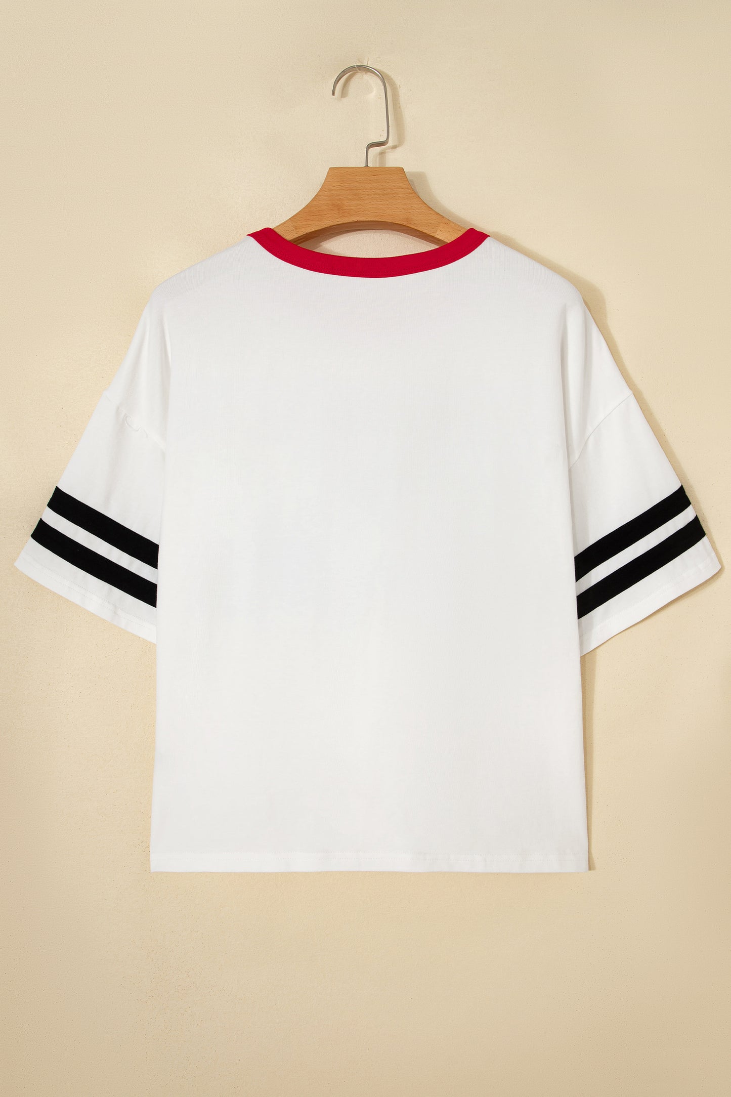 White Usa Letter Printed Varsity Striped Sleeve Round Neck Tee-Tops/Tops & Tees-[Adult]-[Female]-2022 Online Blue Zone Planet