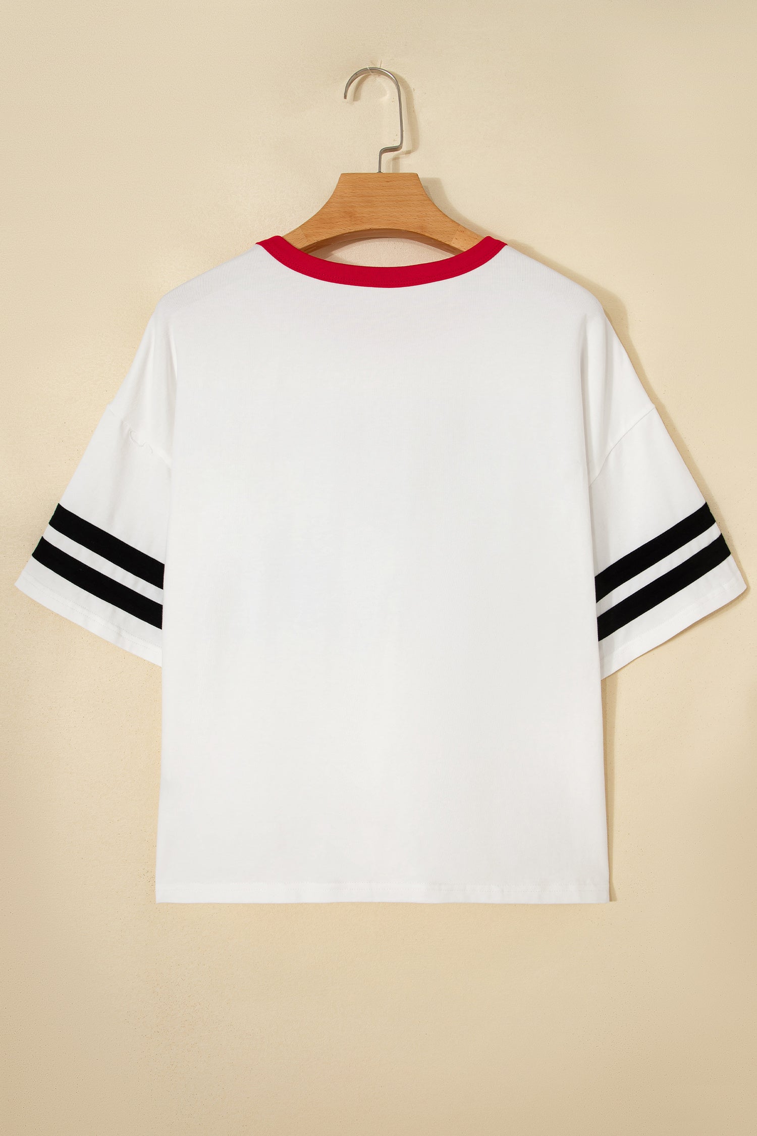 White Usa Letter Printed Varsity Striped Sleeve Round Neck Tee-Tops/Tops & Tees-[Adult]-[Female]-2022 Online Blue Zone Planet