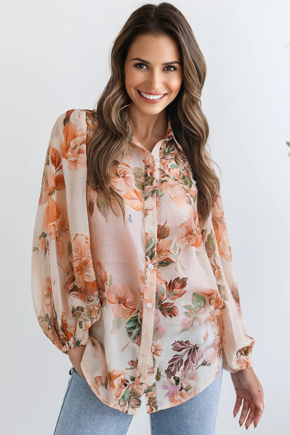 Orange Floral Puff Sleeve Lightweight Shirt-Tops/Blouses & Shirts-[Adult]-[Female]-2022 Online Blue Zone Planet