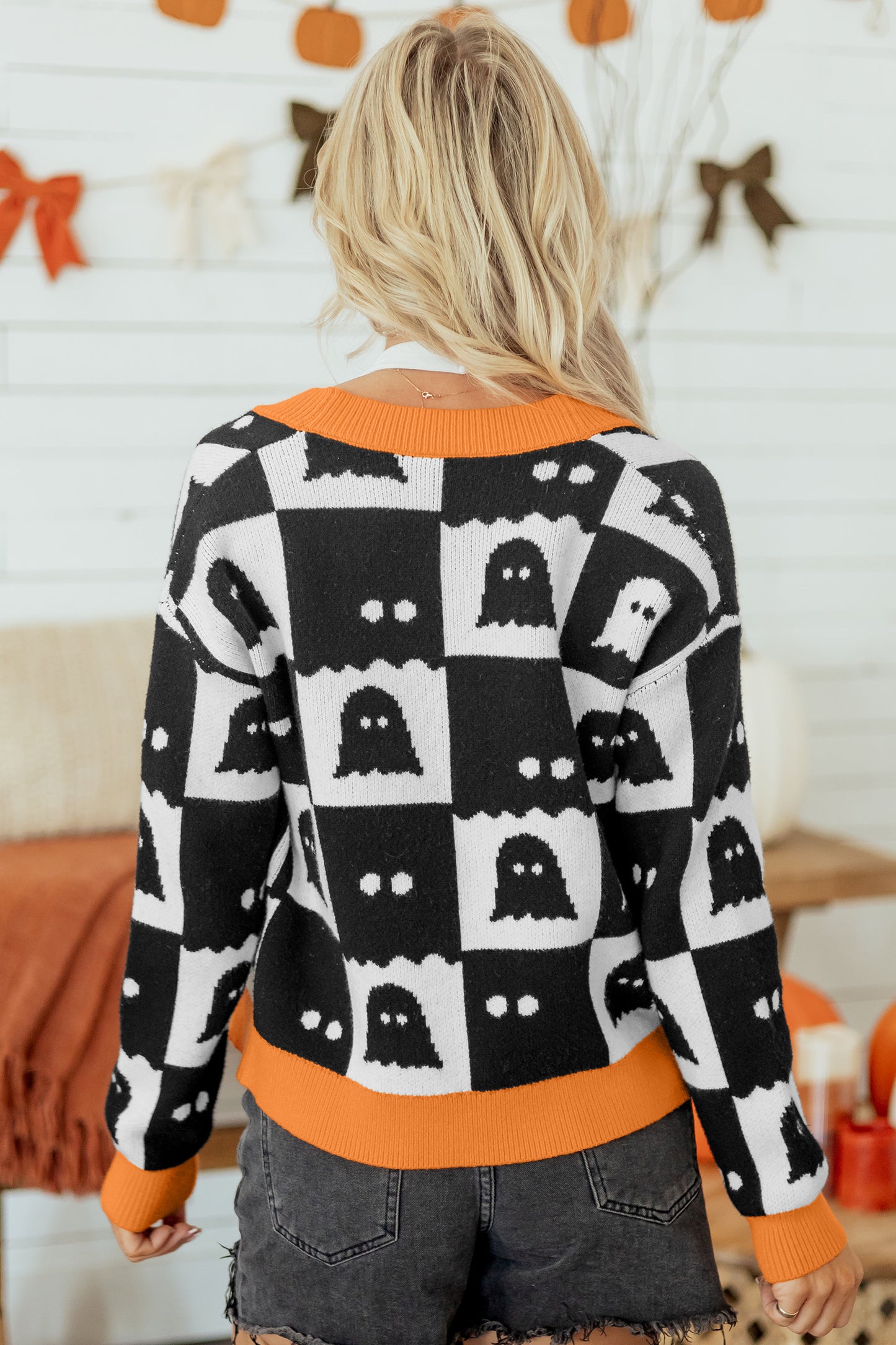 Black Geometric Ghost Print Drop Shoulder Knit Cardigan-Sweaters & Cardigans/Cardigans-[Adult]-[Female]-2022 Online Blue Zone Planet