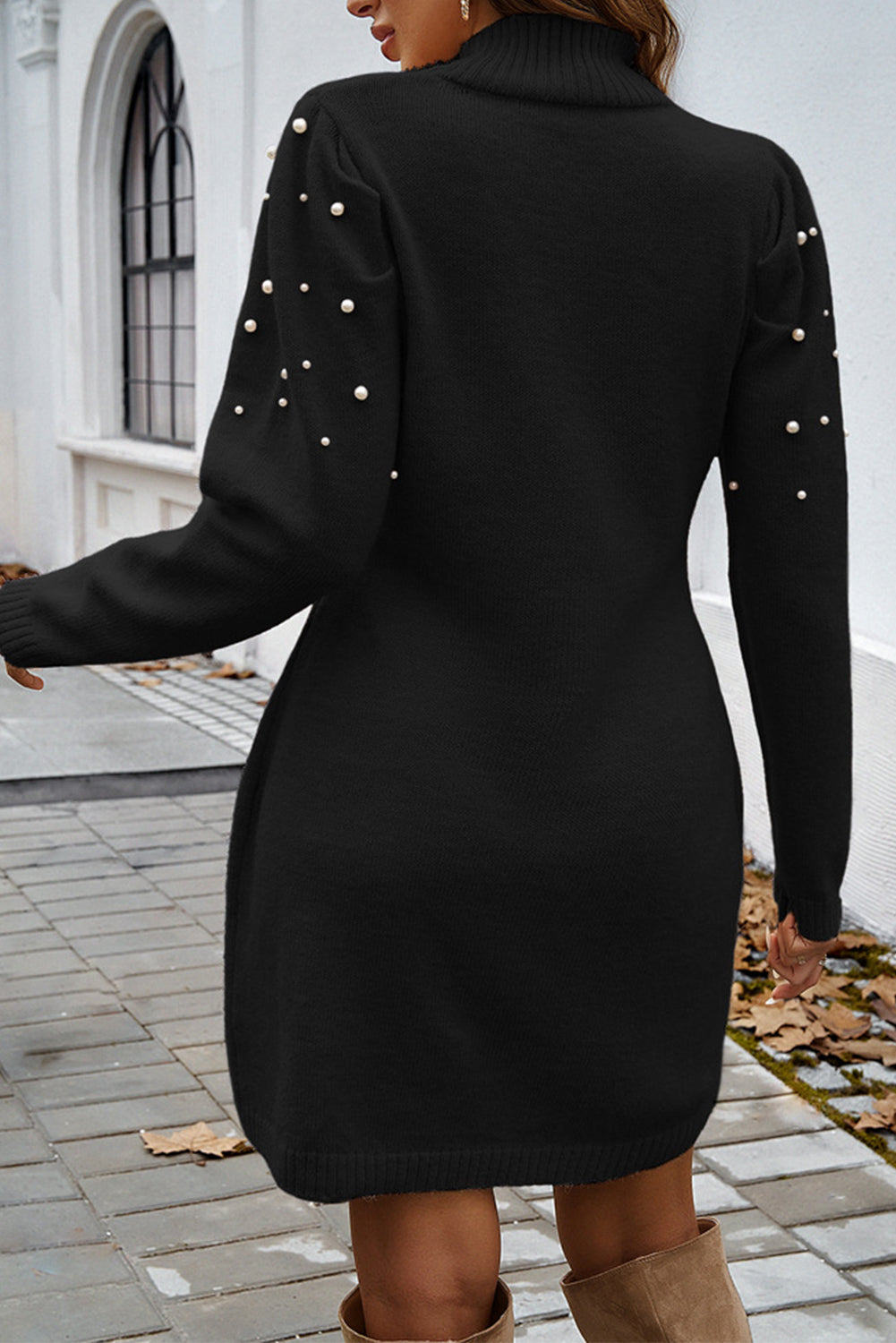 Parchment Pearl Beaded High Neck Bodycon Sweater Dress-Sweaters & Cardigans/Sweater Dresses-[Adult]-[Female]-2022 Online Blue Zone Planet