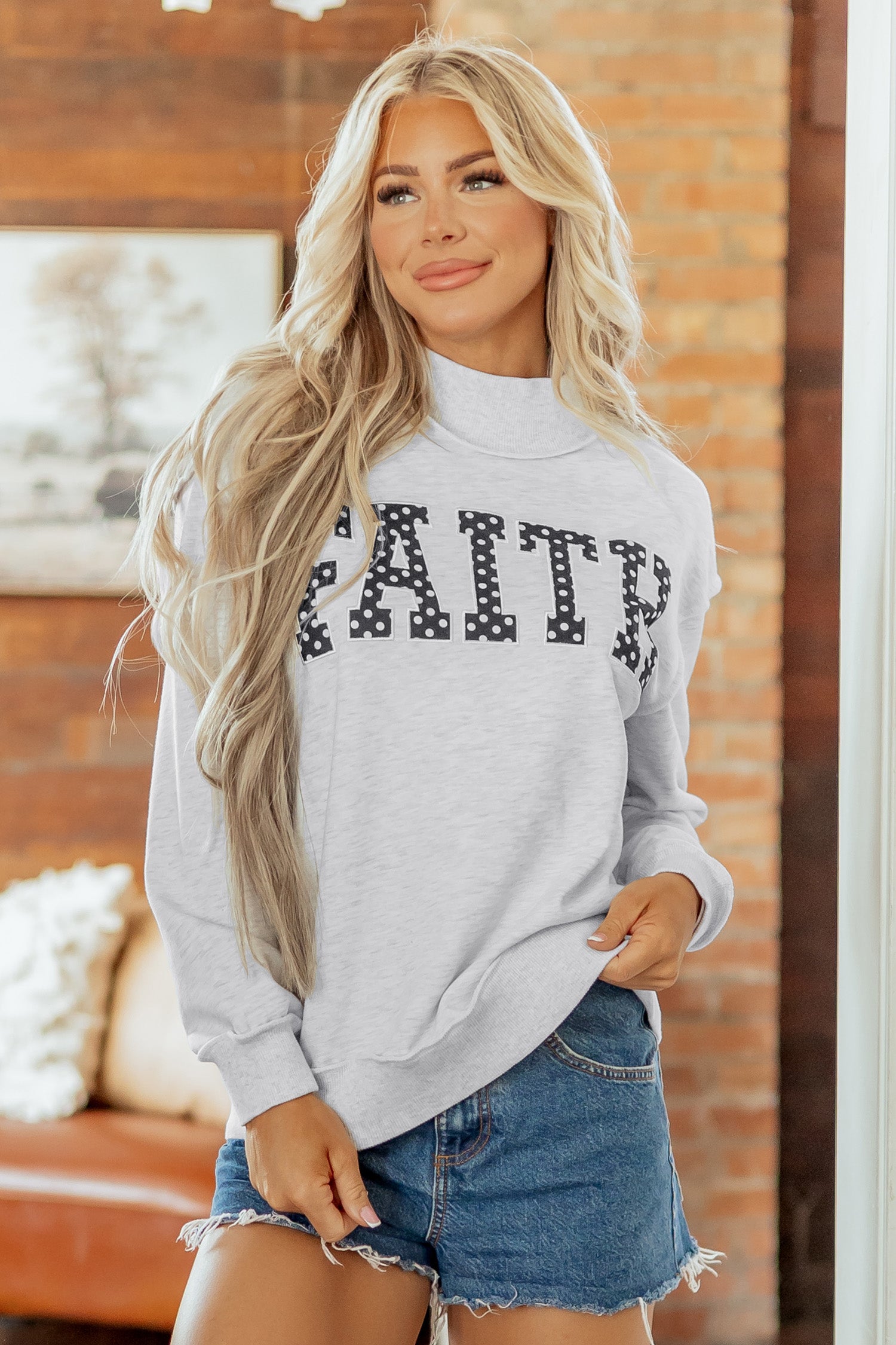 Light Grey High Neck Polka Dot Slogan Printed Baggy Sweatshirt-Tops/Sweatshirts & Hoodies-[Adult]-[Female]-2022 Online Blue Zone Planet