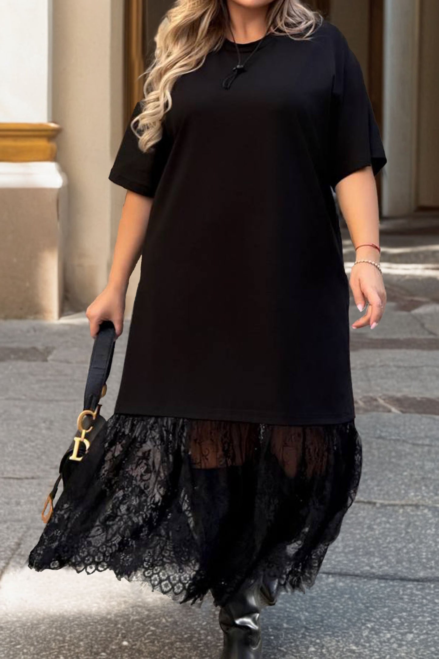 Black Plus Size Lace Hem Patchwork T Shirt Midi Dress-TOPS / DRESSES-[Adult]-[Female]-Black-1X-2022 Online Blue Zone Planet