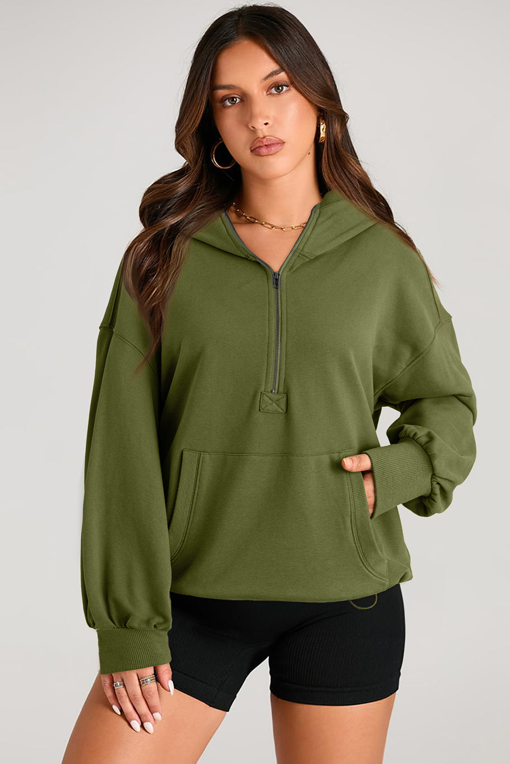 Pocketed Half Zip Long Sleeve Hoodie-HOODIES-[Adult]-[Female]-Army Green-S-2022 Online Blue Zone Planet