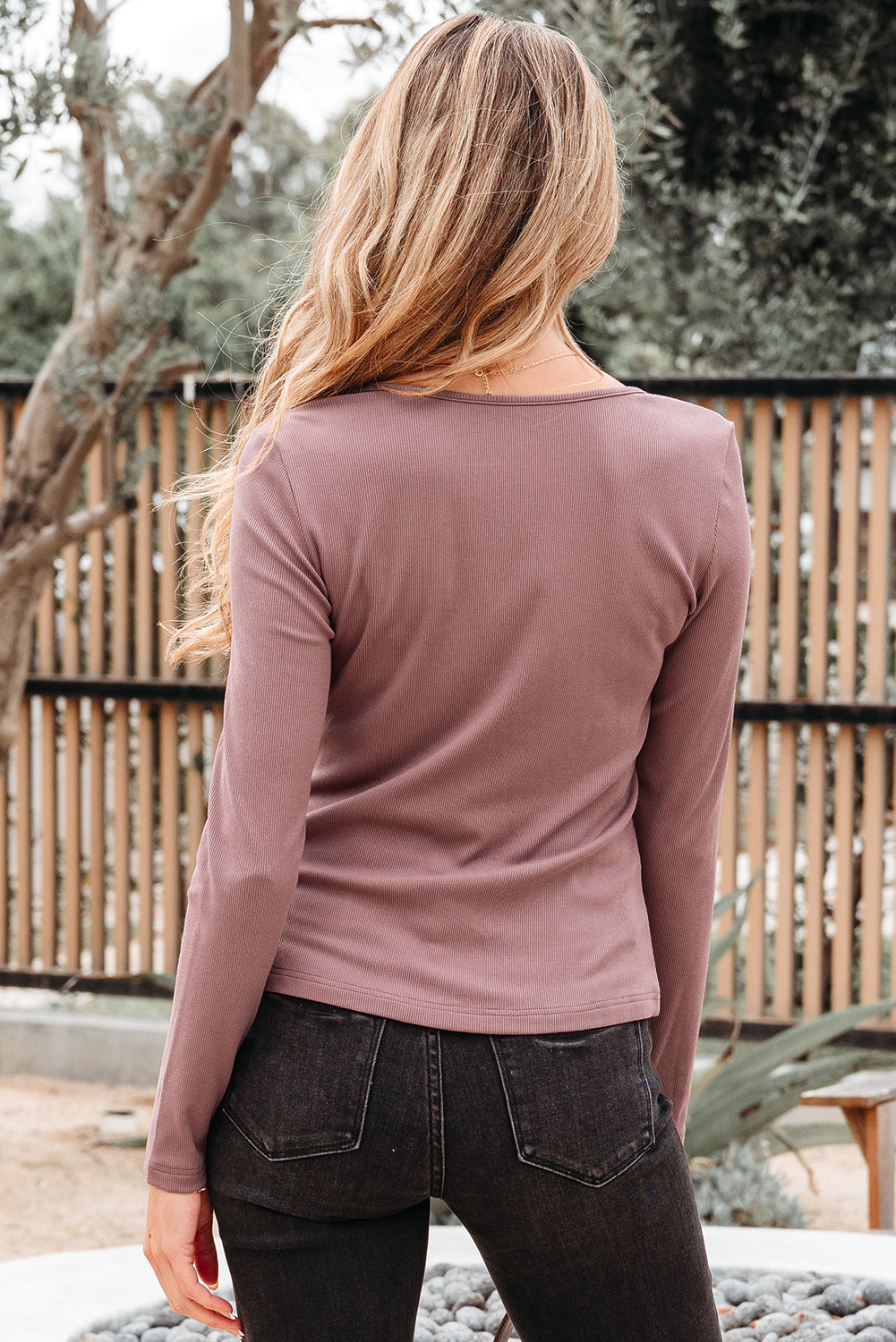 Old Rose Gathered Bust Square Neck Ribbed Fit Long Sleeve Top-Tops/Long Sleeve Tops-[Adult]-[Female]-2022 Online Blue Zone Planet