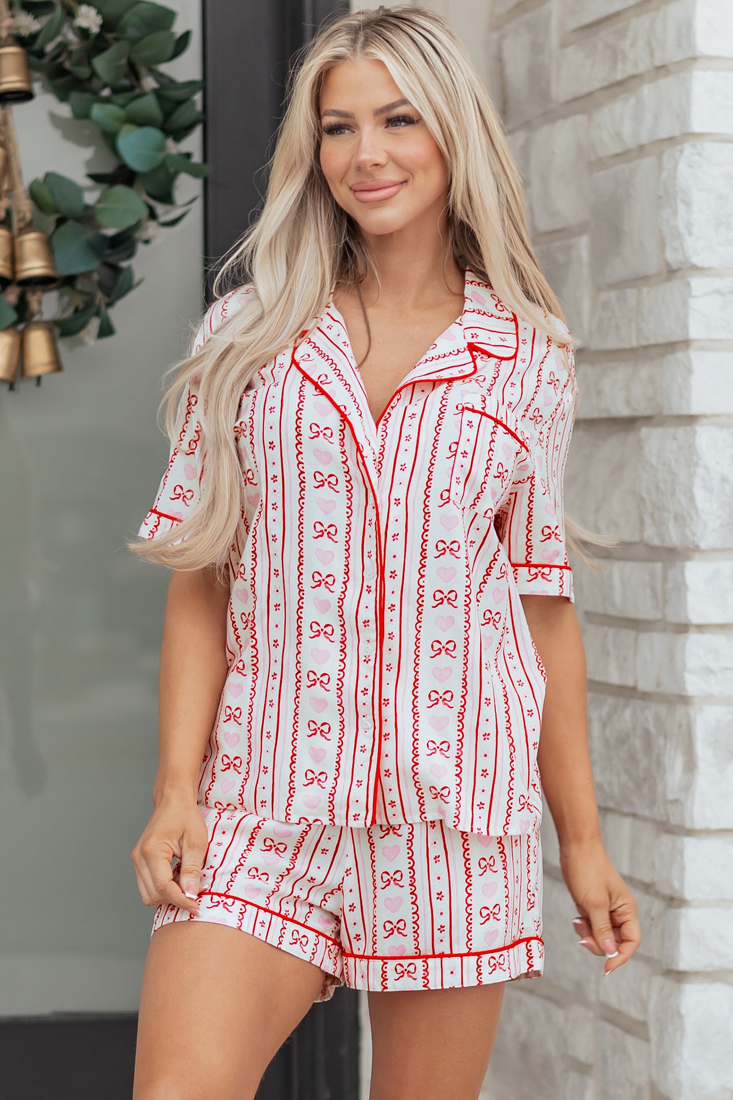 Red Cute Bow Heart Print Ribbon Decor Short 2pcs Pajama Set-Loungewear & Sleepwear/Sleepwear-[Adult]-[Female]-2022 Online Blue Zone Planet