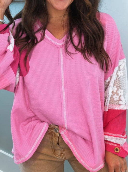 Lace Patchwork Sleeve Stitching V Neck Top-TOPS / DRESSES-[Adult]-[Female]-Fuchsia Pink-S-2022 Online Blue Zone Planet