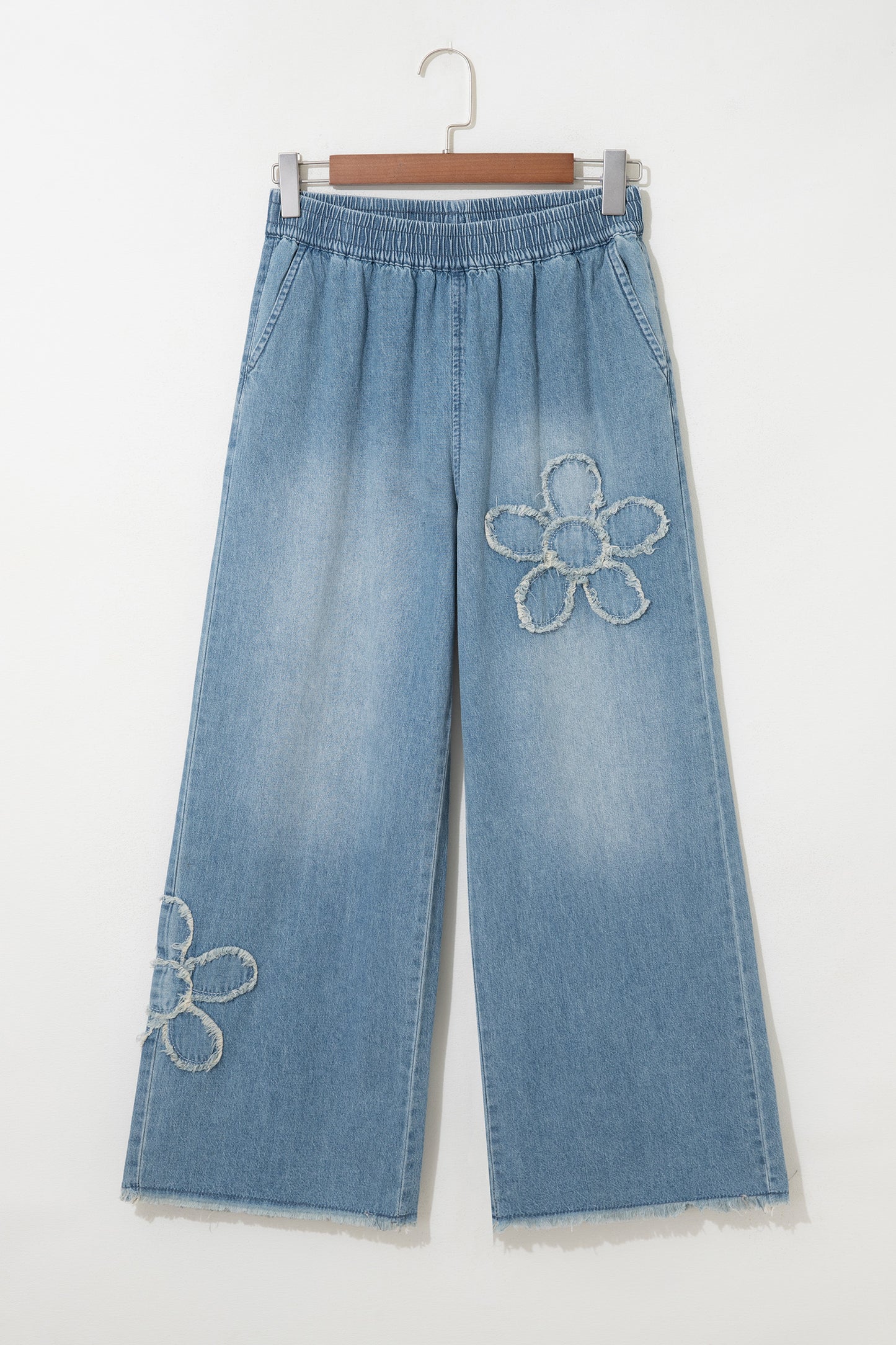 Beau Blue Frayed Floral Patch Wide Leg Raw Hem Wide Leg Jeans-Bottoms/Jeans-[Adult]-[Female]-2022 Online Blue Zone Planet