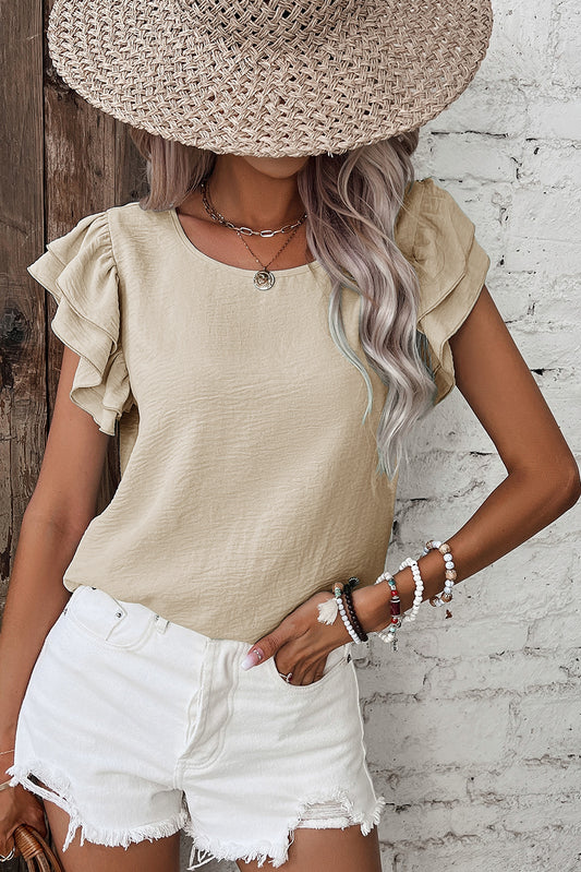 Beige Solid Color Ruffled Short Sleeve Casual Blouse-Tops/Blouses & Shirts-[Adult]-[Female]-Beige-S-2022 Online Blue Zone Planet