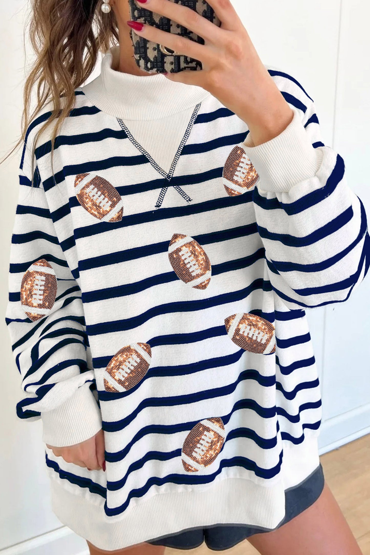 Blue Stripe Sequin Rugby Print Mock Neck Casual Sweatshirt-Graphic/Graphic Sweatshirts-[Adult]-[Female]-Blue Stripe-S-2022 Online Blue Zone Planet