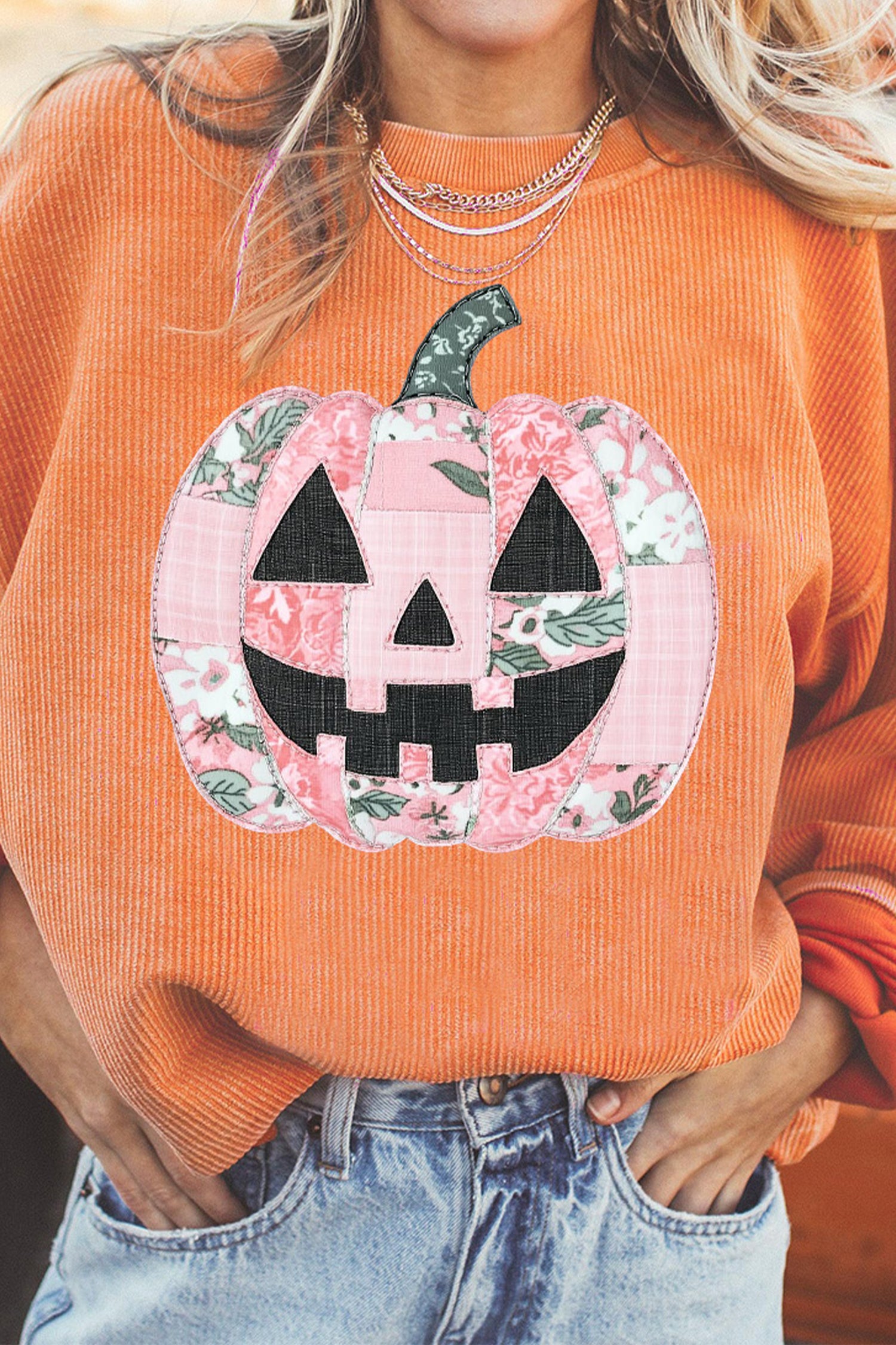 Orange Patchwork Pumpkin Graphic Corded Ribbed Round Neck Tunic Sweatshirt-Graphic/Graphic Sweatshirts-[Adult]-[Female]-2022 Online Blue Zone Planet