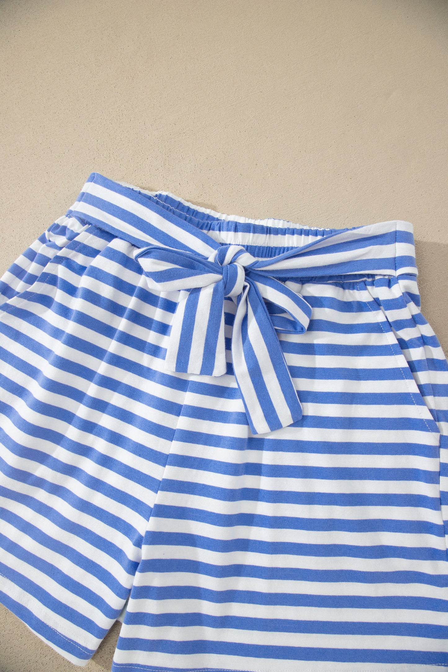 Sky Blue Stripe Contrast Trim Crew Neck Tee Knot Shorts 2pcs Set-Two Piece Sets/Short Sets-[Adult]-[Female]-2022 Online Blue Zone Planet