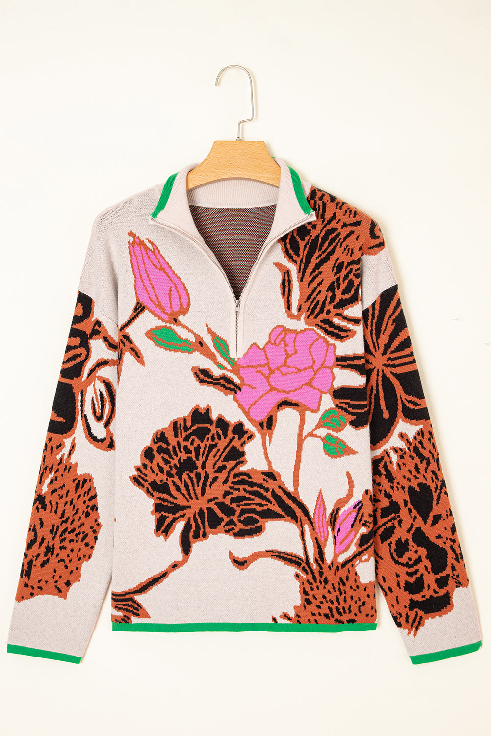 Khaki Floral Pattern Knit Quarter Zip Stand Neck Sweater-Sweaters & Cardigans/Sweaters-[Adult]-[Female]-2022 Online Blue Zone Planet