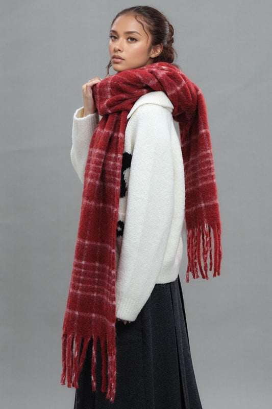 Fringe Plaid Thermal Scarf-SCARVES-[Adult]-[Female]-Deep Red-One Size-2022 Online Blue Zone Planet