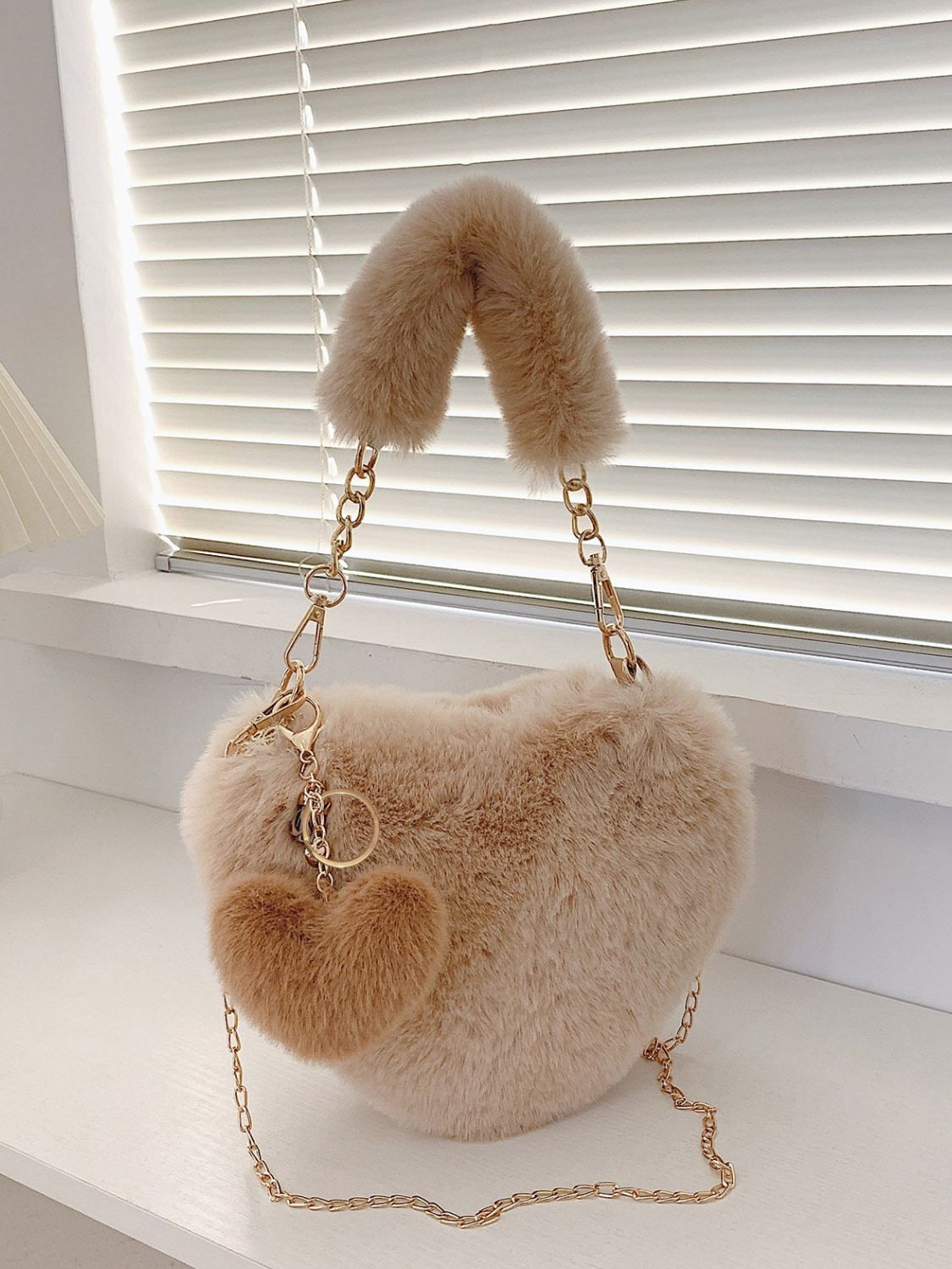 Heart Shape Faux Fur Handbag-HANDBAGS-[Adult]-[Female]-2022 Online Blue Zone Planet