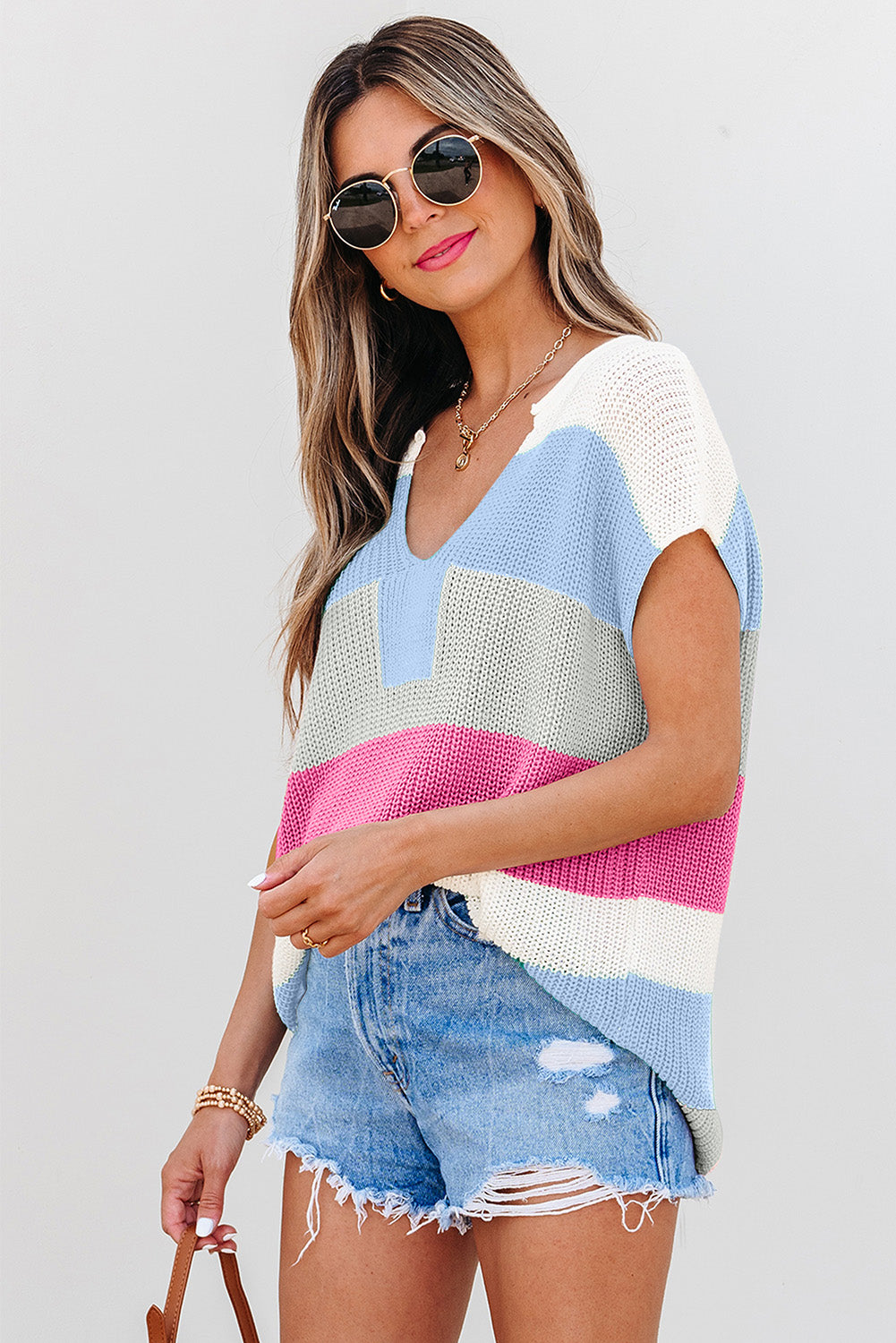 Light Blue Color Block Notch V Neck Sweater T Shirt-Sweaters & Cardigans/Short Sleeve Sweaters-[Adult]-[Female]-2022 Online Blue Zone Planet