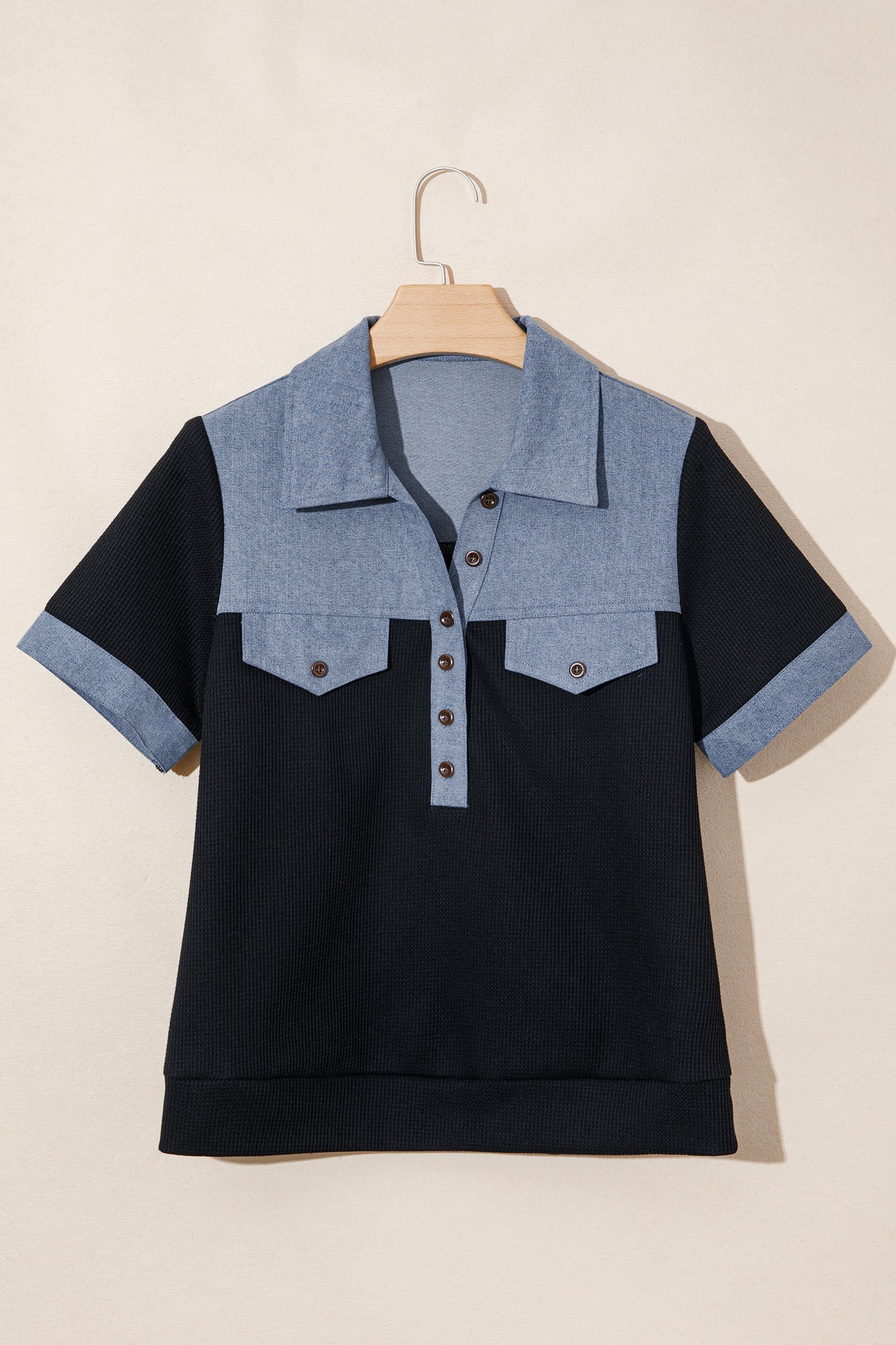 Black Waffle Knit Denim Color Block Patchwork Button Flap Polo Top-Tops/Blouses & Shirts-[Adult]-[Female]-2022 Online Blue Zone Planet