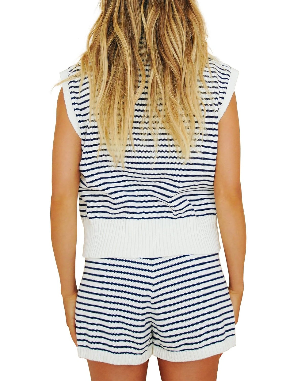 Striped Cap Sleeve Top and Shorts Sweater Set-TOPS / DRESSES-[Adult]-[Female]-2022 Online Blue Zone Planet