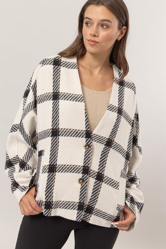 Blue Zone Planet | HYFVE Plaid Long Sleeve Jacket with Side Slit Pockets-TOPS / DRESSES-[Adult]-[Female]-Cream-S-2022 Online Blue Zone Planet