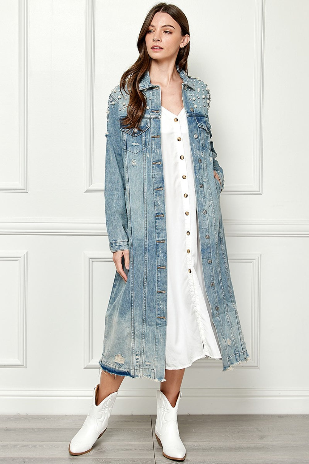 Blue Zone Planet | Veveret Full Size Distressed Raw Hem Pearl Detail Button Up Jacket-TOPS / DRESSES-[Adult]-[Female]-2022 Online Blue Zone Planet