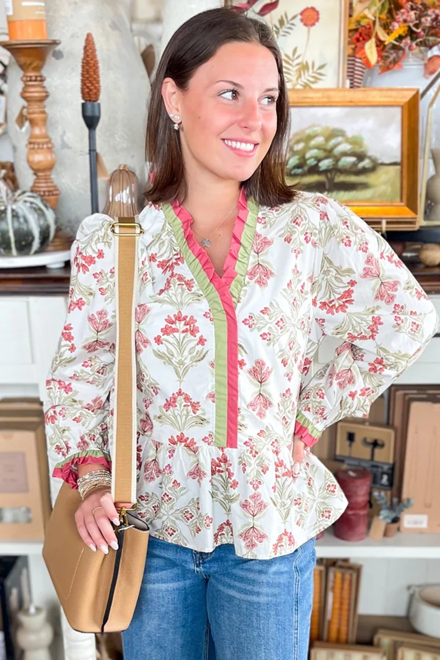 Floral Print Frilled Color Block Trim V Neck Long Sleeve Peplum Top-Tops/Blouses & Shirts-[Adult]-[Female]-2022 Online Blue Zone Planet