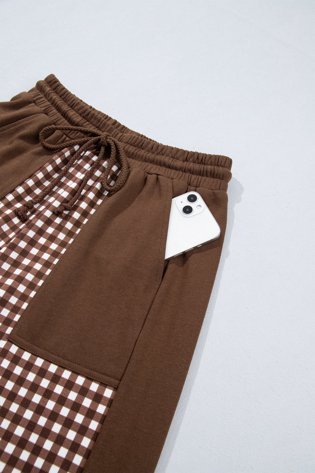 Khaki Color Block Plaid Patchwork Long Sleeve Pullover Wide Leg Pant Set-Two Piece Sets/Pant Sets-[Adult]-[Female]-2022 Online Blue Zone Planet