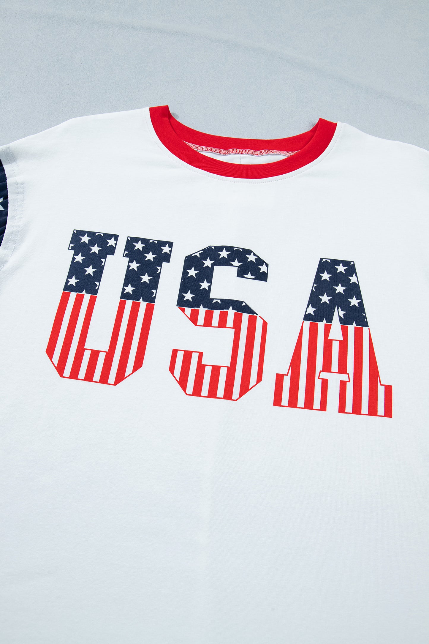 Jet Stream Flag Print Usa Graphic Patchwork Casual Tee-Tops/Tops & Tees-[Adult]-[Female]-2022 Online Blue Zone Planet