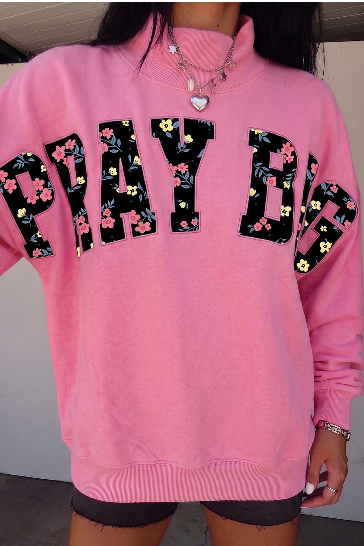 Pink PRAY BIG Embroidered Patch Graphic Mock Neck Sweatshirt-Tops/Sweatshirts & Hoodies-[Adult]-[Female]-Pink-S-2022 Online Blue Zone Planet