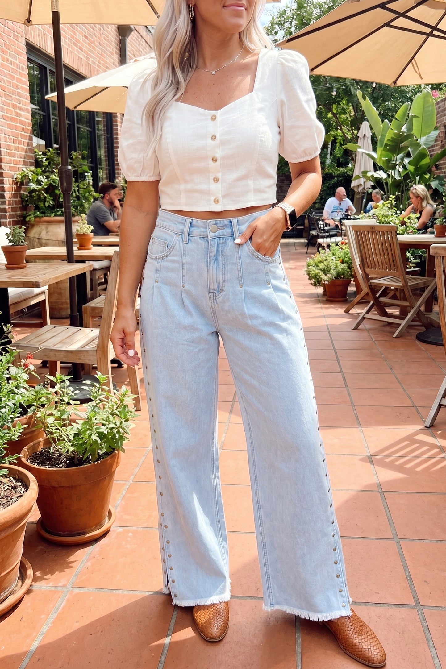 Beau Blue Studded Side Slit Leg Frayed Pocketed Wide Leg Jeans-Bottoms/Jeans-[Adult]-[Female]-2022 Online Blue Zone Planet