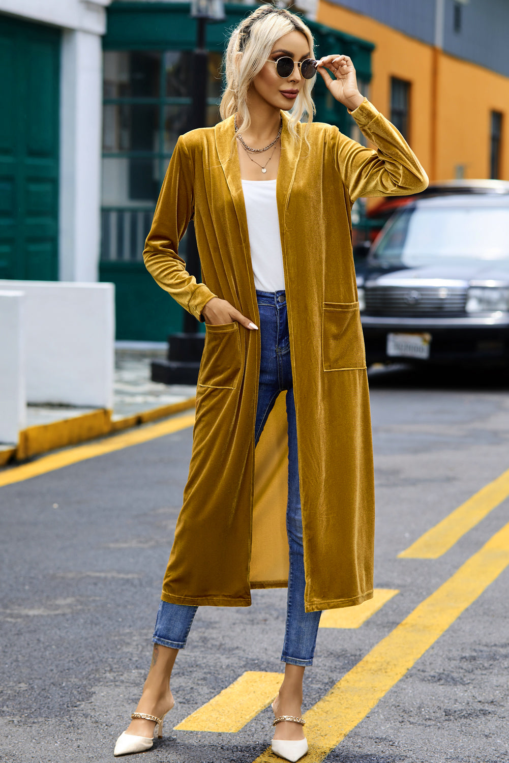 Yellow Velvet Open Front Pocketed Long Duster-Sweaters & Cardigans/Cardigans-[Adult]-[Female]-2022 Online Blue Zone Planet