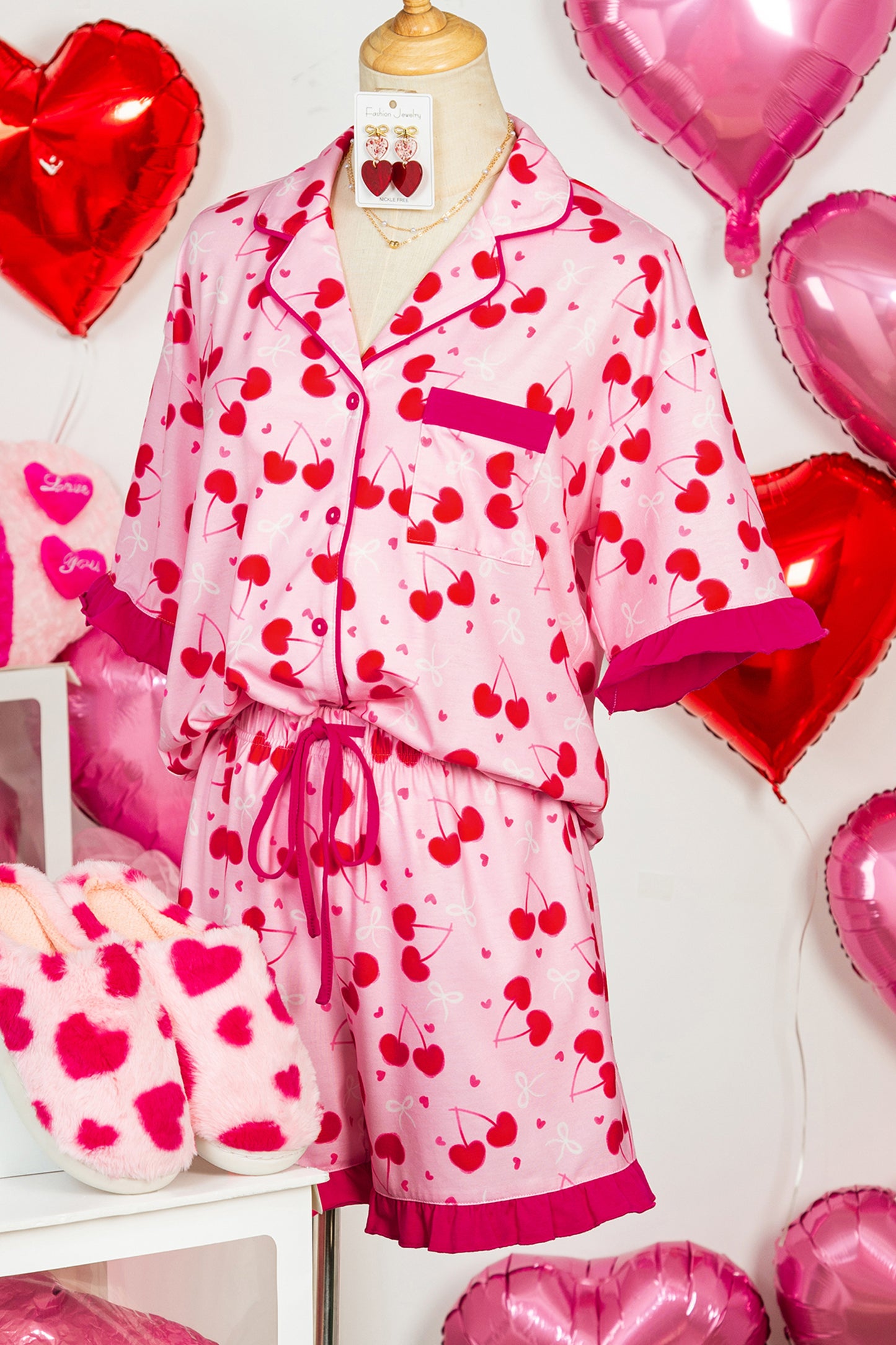 Rose Cherry Bow Mixed Print Scalloped Edge Short Pajama Set-Loungewear & Sleepwear/Loungewear-[Adult]-[Female]-2022 Online Blue Zone Planet