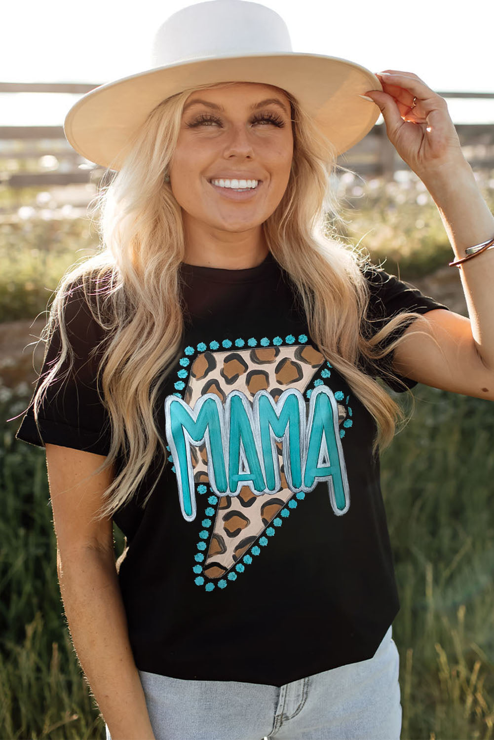 Black Western MAMA Leopard Lightning Graphic Tee-Graphic/Graphic Tees-[Adult]-[Female]-2022 Online Blue Zone Planet
