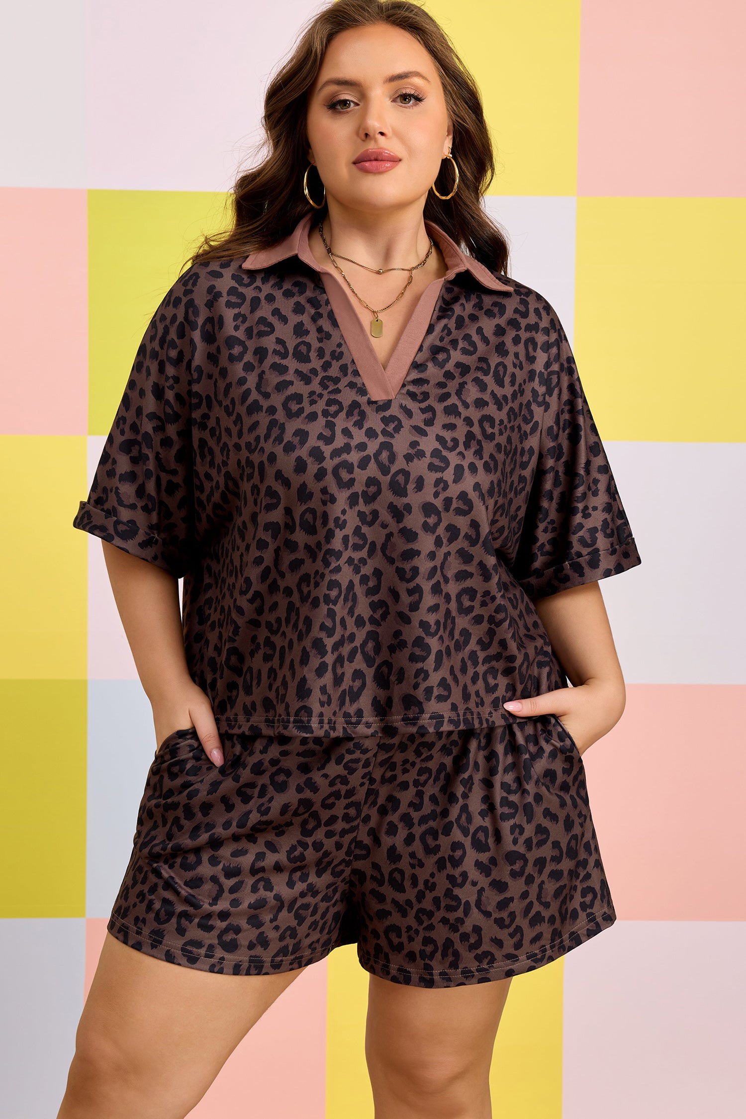 Brown Plus Size Leopard Short Set-Plus Size/Plus Size Loungewear-[Adult]-[Female]-2022 Online Blue Zone Planet