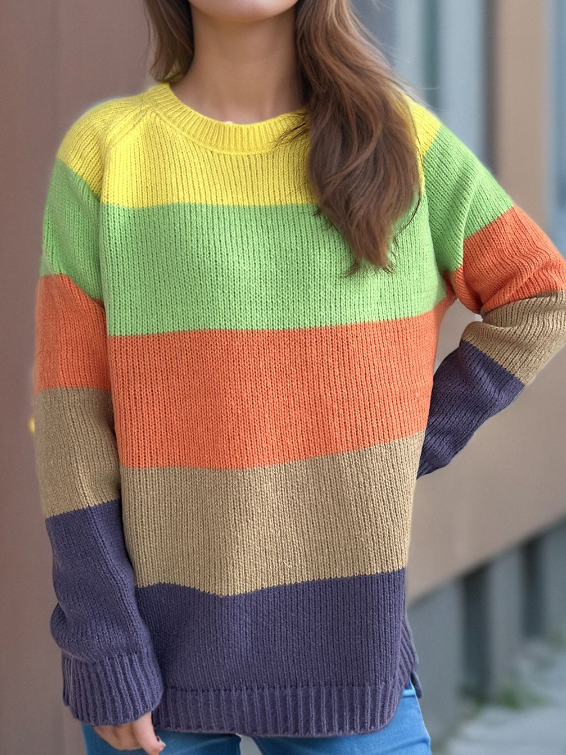 Blue Zone Planet | Color Block Round Neck Long Sleeve Sweater-TOPS / DRESSES-[Adult]-[Female]-2022 Online Blue Zone Planet