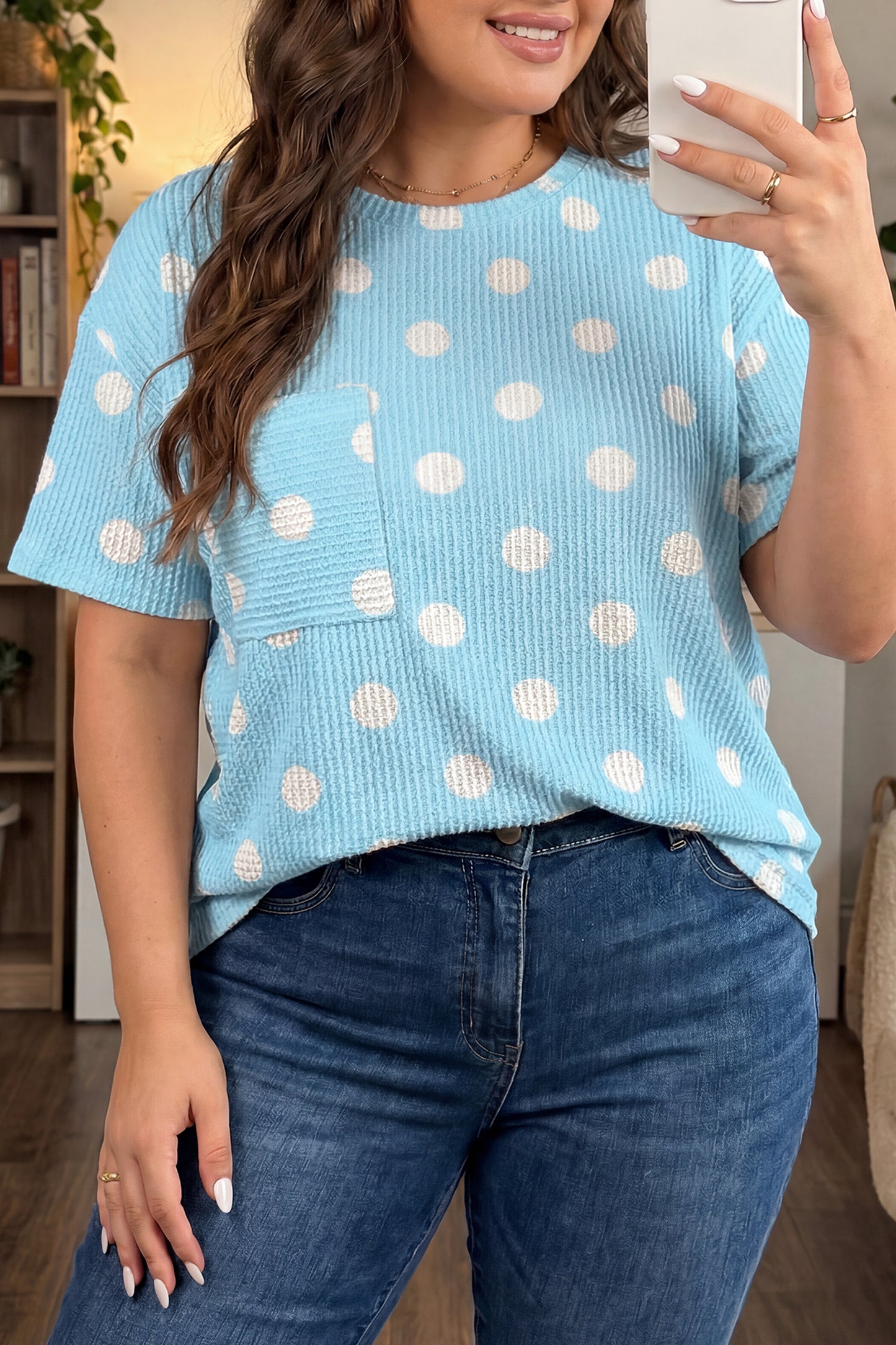 Sky Blue Twisted Rib Polka Dot Print Plus Size T Shirt-Plus Size/Plus Size Tops/Plus Size Tops & Tees-[Adult]-[Female]-2022 Online Blue Zone Planet