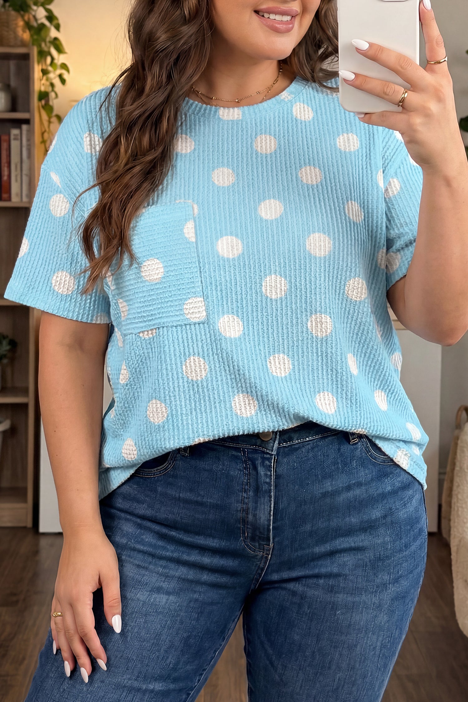 Sky Blue Twisted Rib Polka Dot Print Plus Size T Shirt-Plus Size/Plus Size Tops/Plus Size Tops & Tees-[Adult]-[Female]-2022 Online Blue Zone Planet